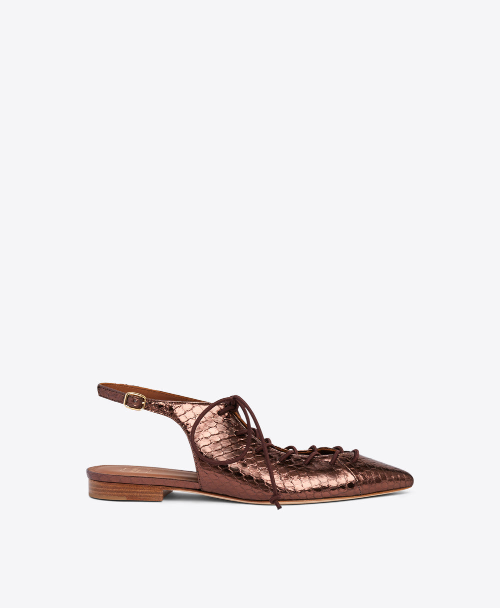 Dark Brown Metallic Lace-up Flat Slingbacks - Pointed Toe on Monoblock | Malone Souliers