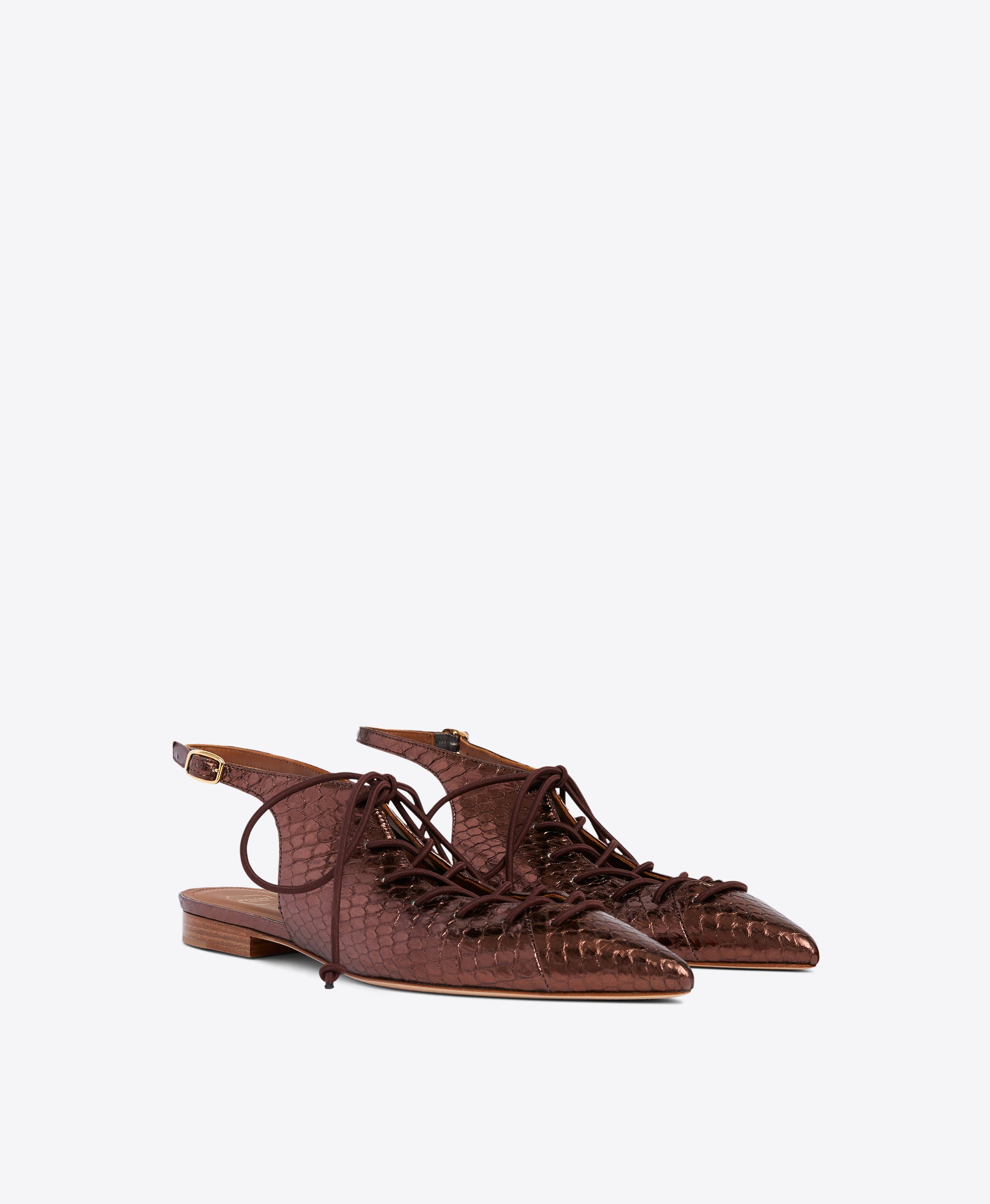 Dark Brown Metallic Lace-up Flat Slingbacks - Pointed Toe on Monoblock | Malone Souliers