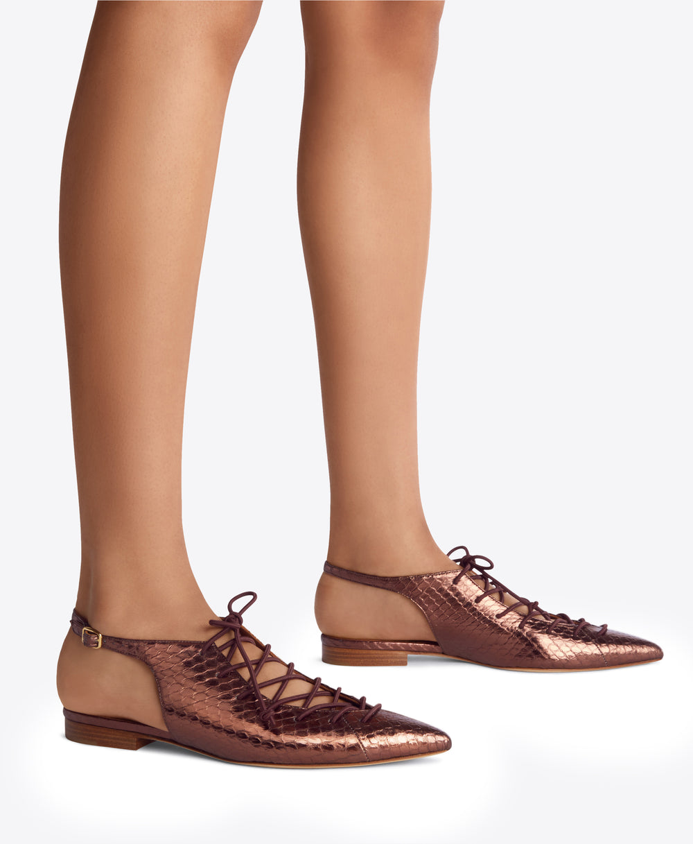 Dark Brown Metallic Lace-up Flat Slingbacks - Pointed Toe on Monoblock | Malone Souliers