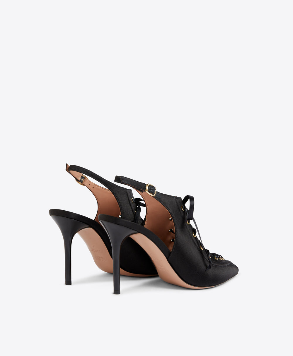 Malone Souliers Alessandra 85 Black Satin Heeled Slingbacks