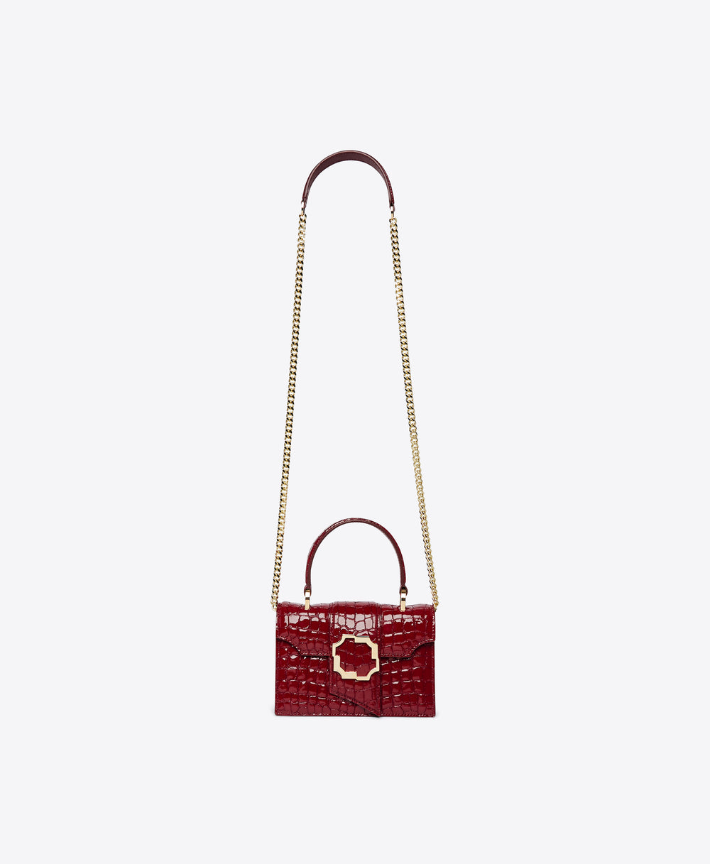 Women's Burgundy Embossed Patent Top Handle Bag with Crest Buckle | Malone Souliers