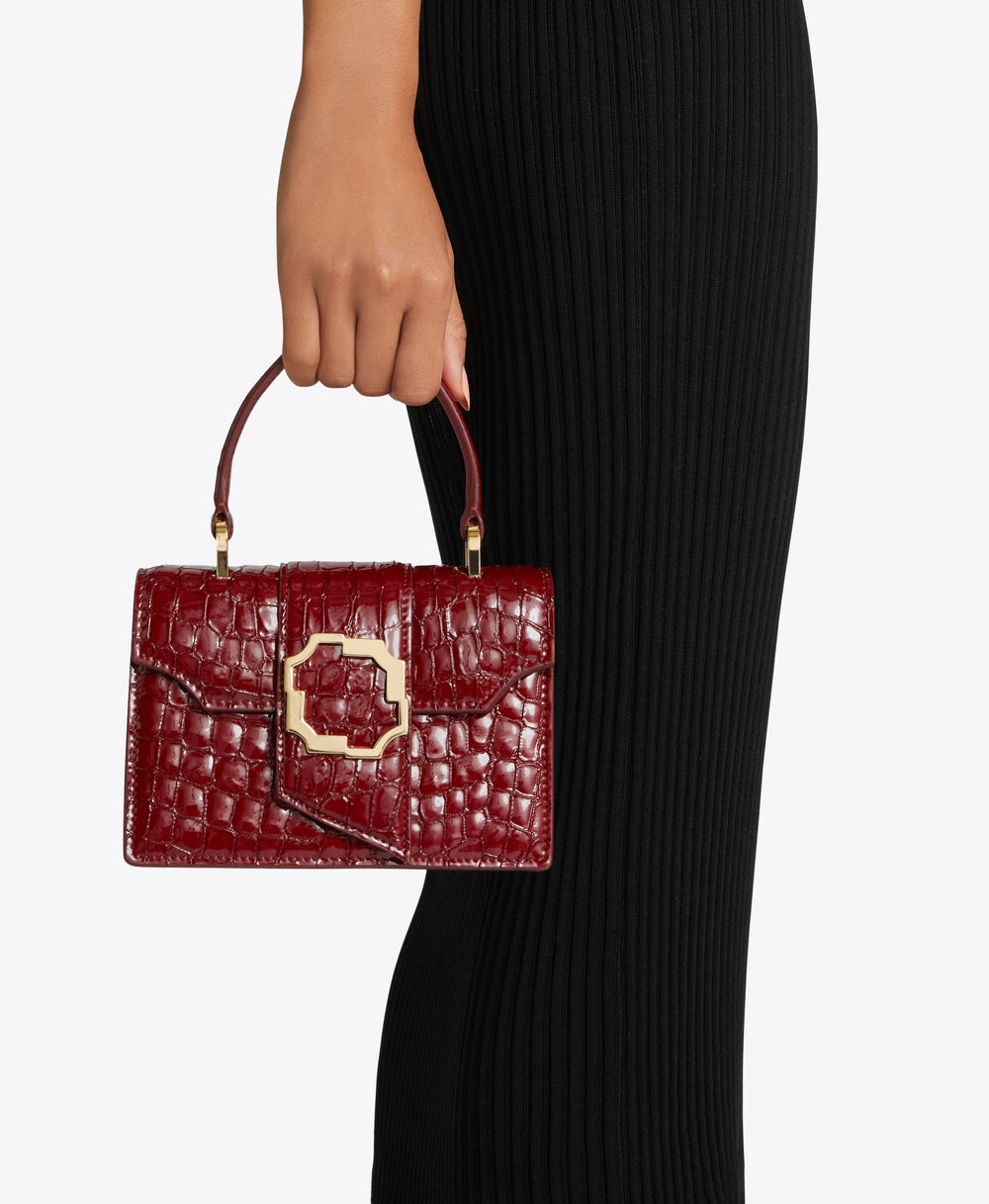 Women's Burgundy Embossed Patent Top Handle Bag with Crest Buckle | Malone Souliers