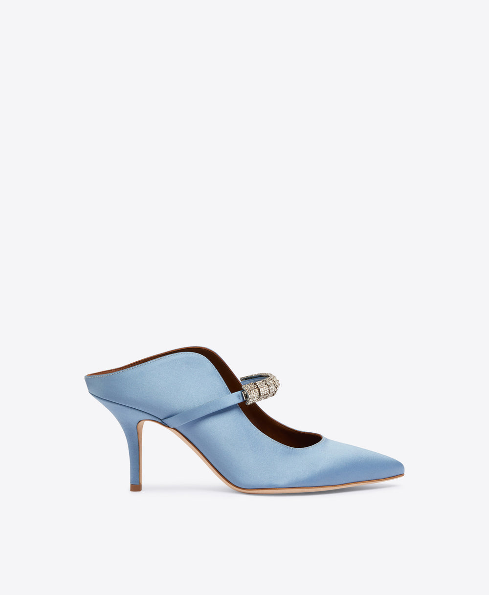 Women's  Baby Blue Satin Crystal Heeled Mules Malone Souliers