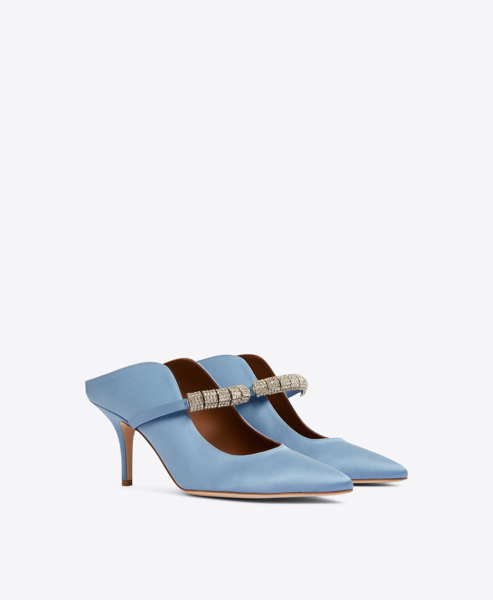 Women's  Baby Blue Satin Crystal Heeled Mules Malone Souliers