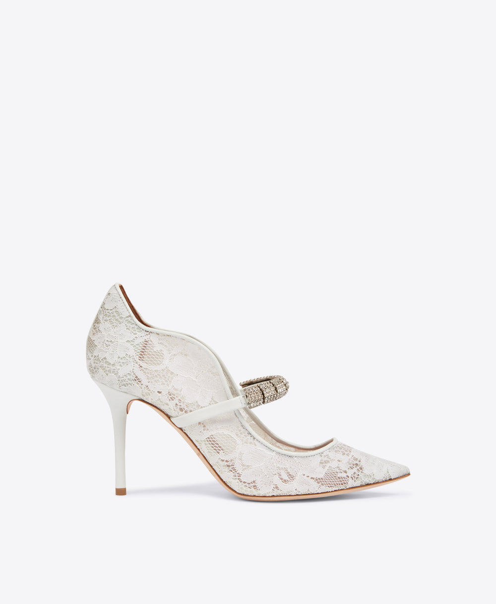 Women's White Lace with Crystals Heeled Pumps Malone Souliers