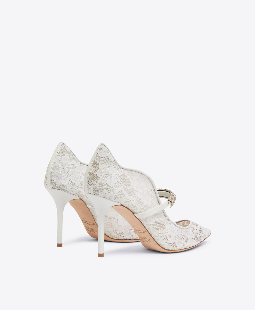 Women's White Lace with Crystals Heeled Pumps Malone Souliers