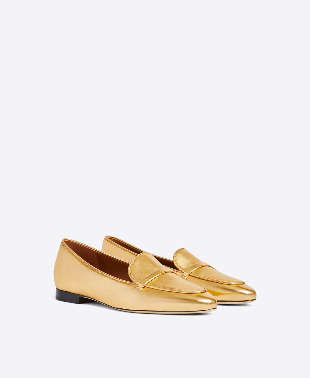 Gold Metallic Nappa Loafers - Elongated Almond Toe with Strap Detail on Monoblock | Malone Souliers