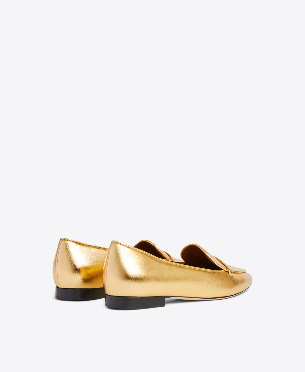 Gold Metallic Nappa Loafers - Elongated Almond Toe with Strap Detail on Monoblock | Malone Souliers