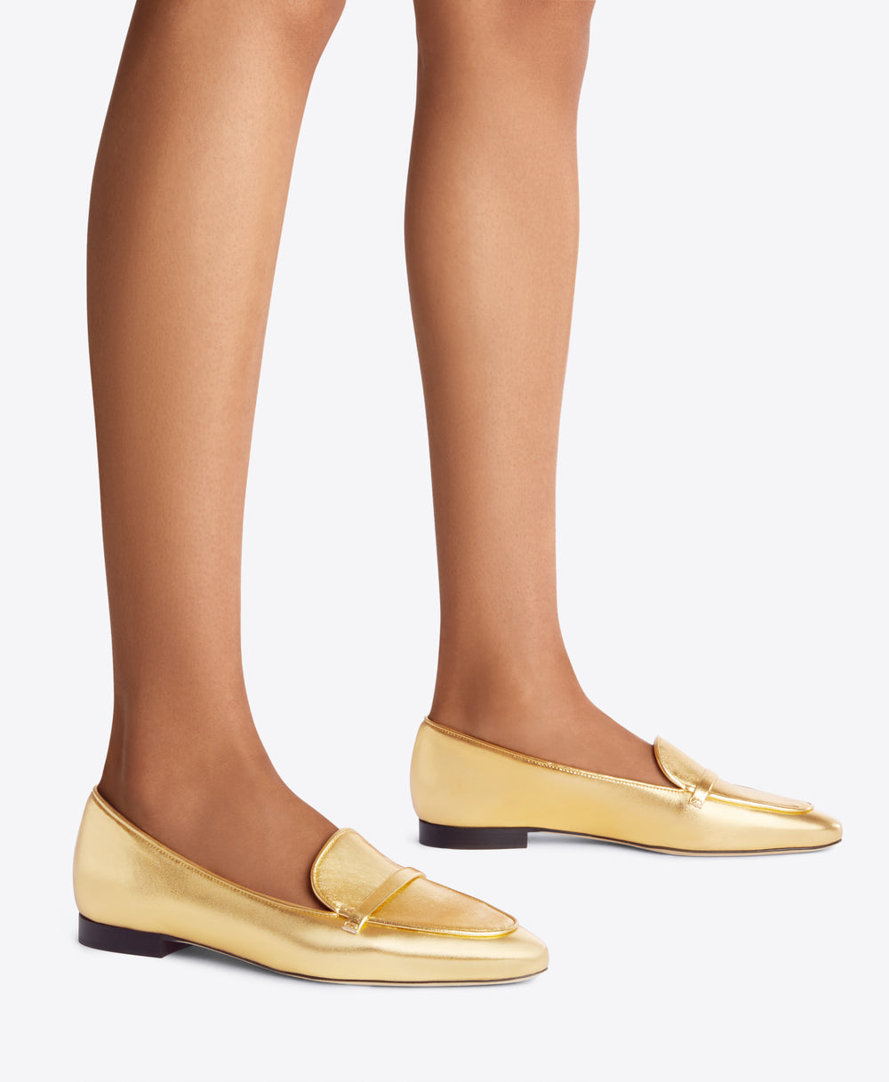 Gold Metallic Nappa Loafers - Elongated Almond Toe with Strap Detail on Monoblock | Malone Souliers