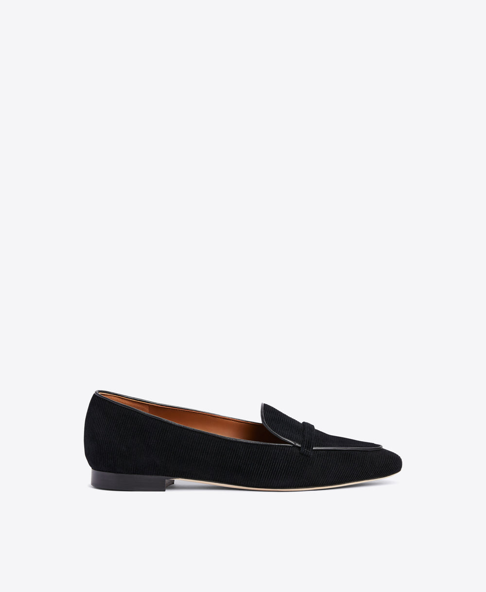 Black Velvet Corduroy Loafers - Elongated Almond Toe with Strap Detail on Monoblock | Malone Souliers