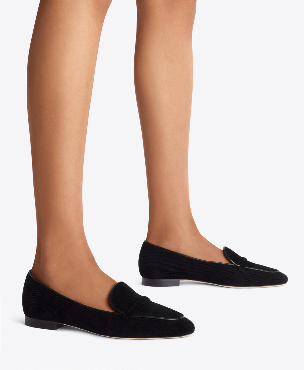 Black Velvet Corduroy Loafers - Elongated Almond Toe with Strap Detail on Monoblock | Malone Souliers