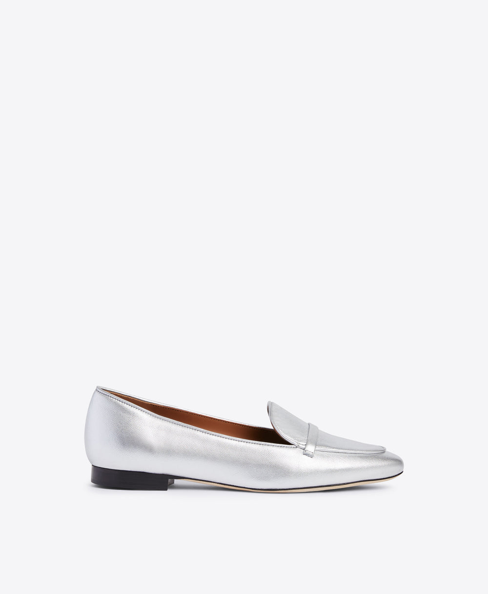 Silver Metallic Nappa Loafers - Elongated Almond Toe with Strap Detail on Monoblock | Malone Souliers