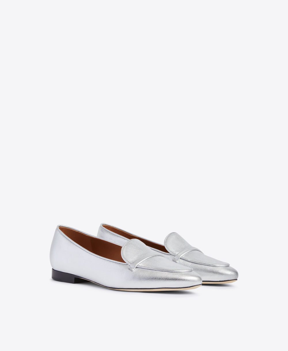 Silver Metallic Nappa Loafers - Elongated Almond Toe with Strap Detail on Monoblock | Malone Souliers