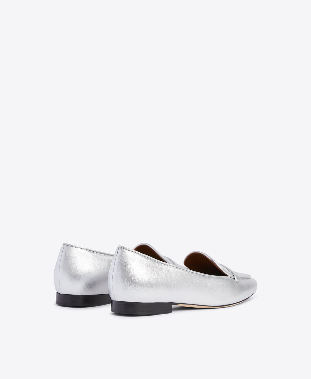 Silver Metallic Nappa Loafers - Elongated Almond Toe with Strap Detail on Monoblock | Malone Souliers