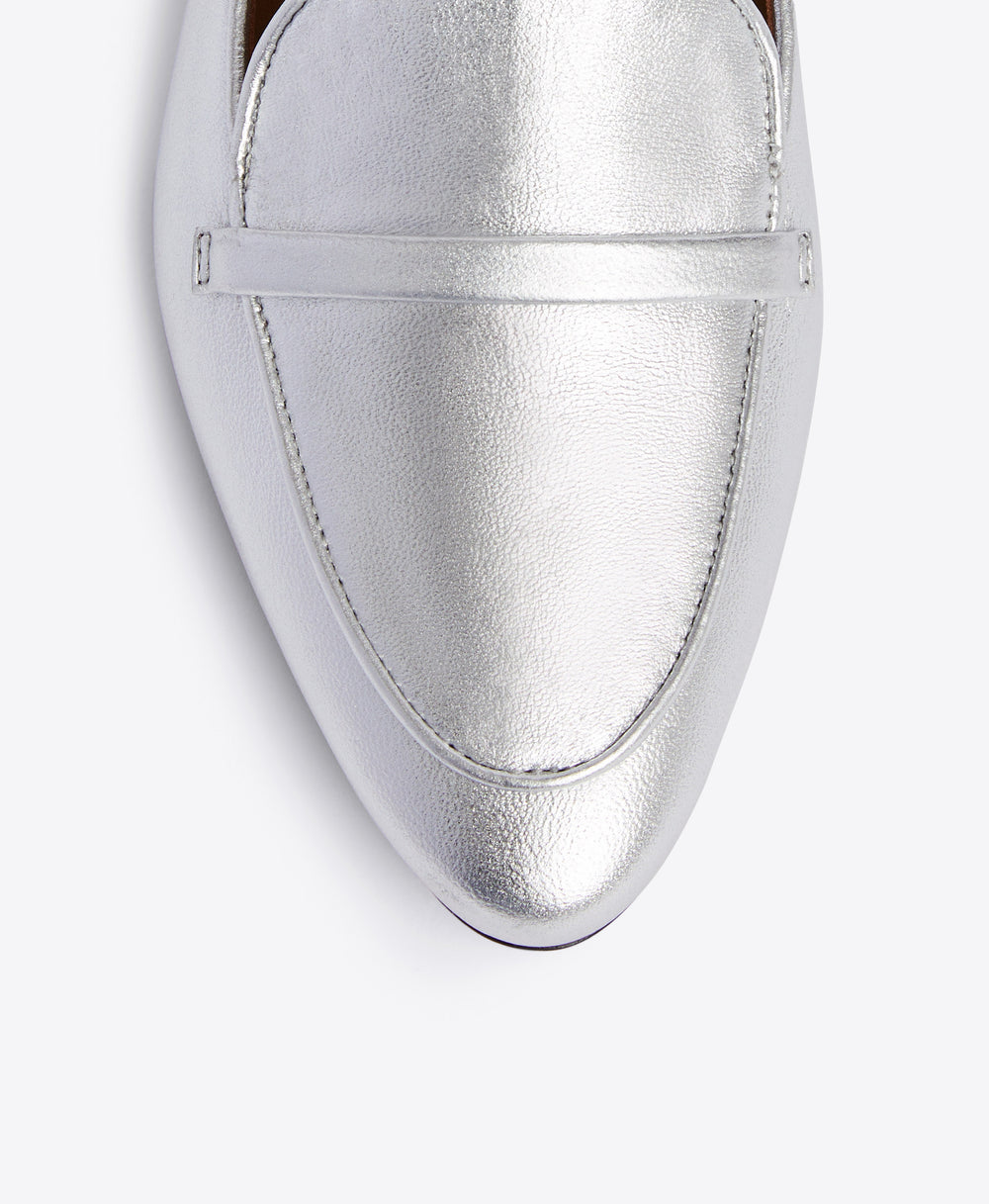 Silver Metallic Nappa Loafers - Elongated Almond Toe with Strap Detail on Monoblock | Malone Souliers