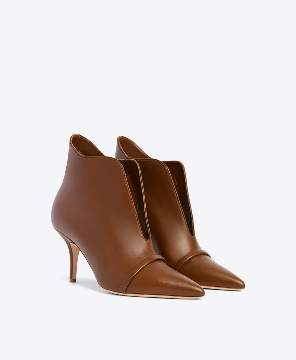 Dark Brown Leather Pointed Toe Stiletto Bootie with Deep V-cut | Malone Souliers