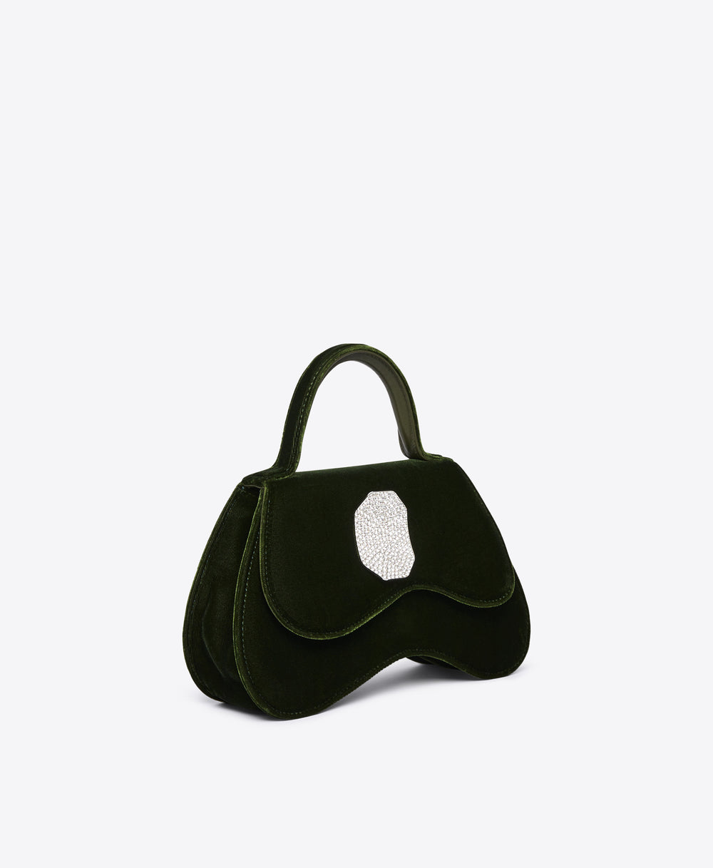 Women's Small Pine Green Velvet Top Handle Bag with Crystal Ornament | Malone Souliers