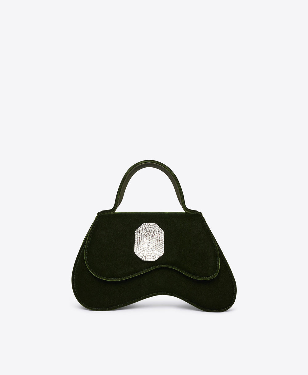 Women's Small Pine Green Velvet Top Handle Bag with Crystal Ornament | Malone Souliers