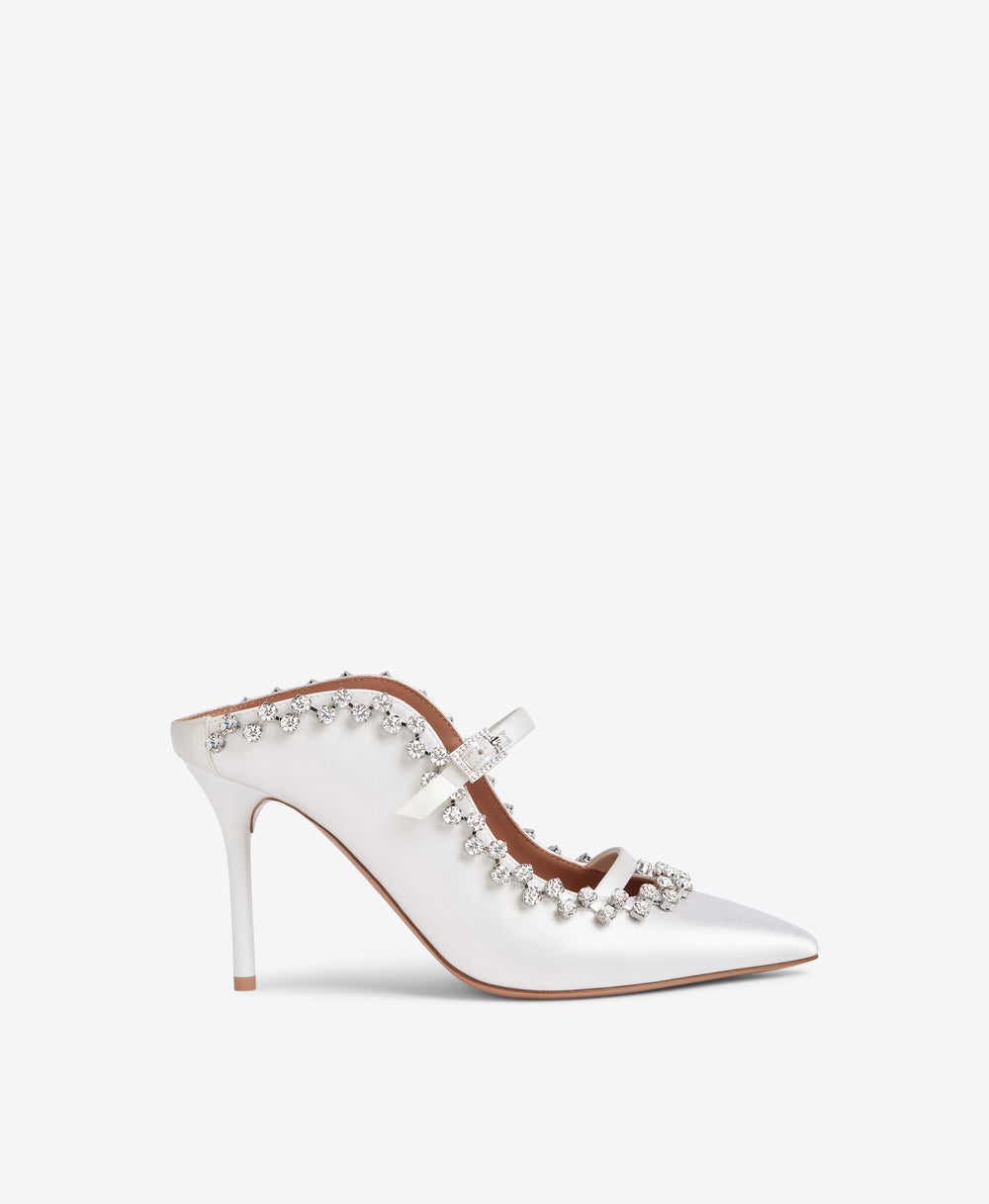 Malone Souliers Gala 85 White Satin Heeled Mules 