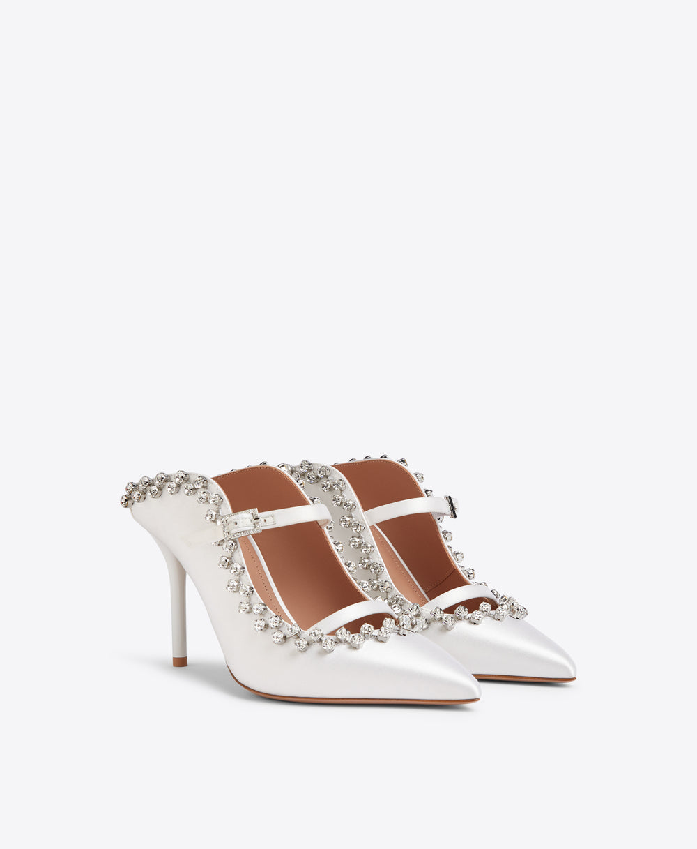 Malone Souliers Gala 85 White Satin Heeled Mules 