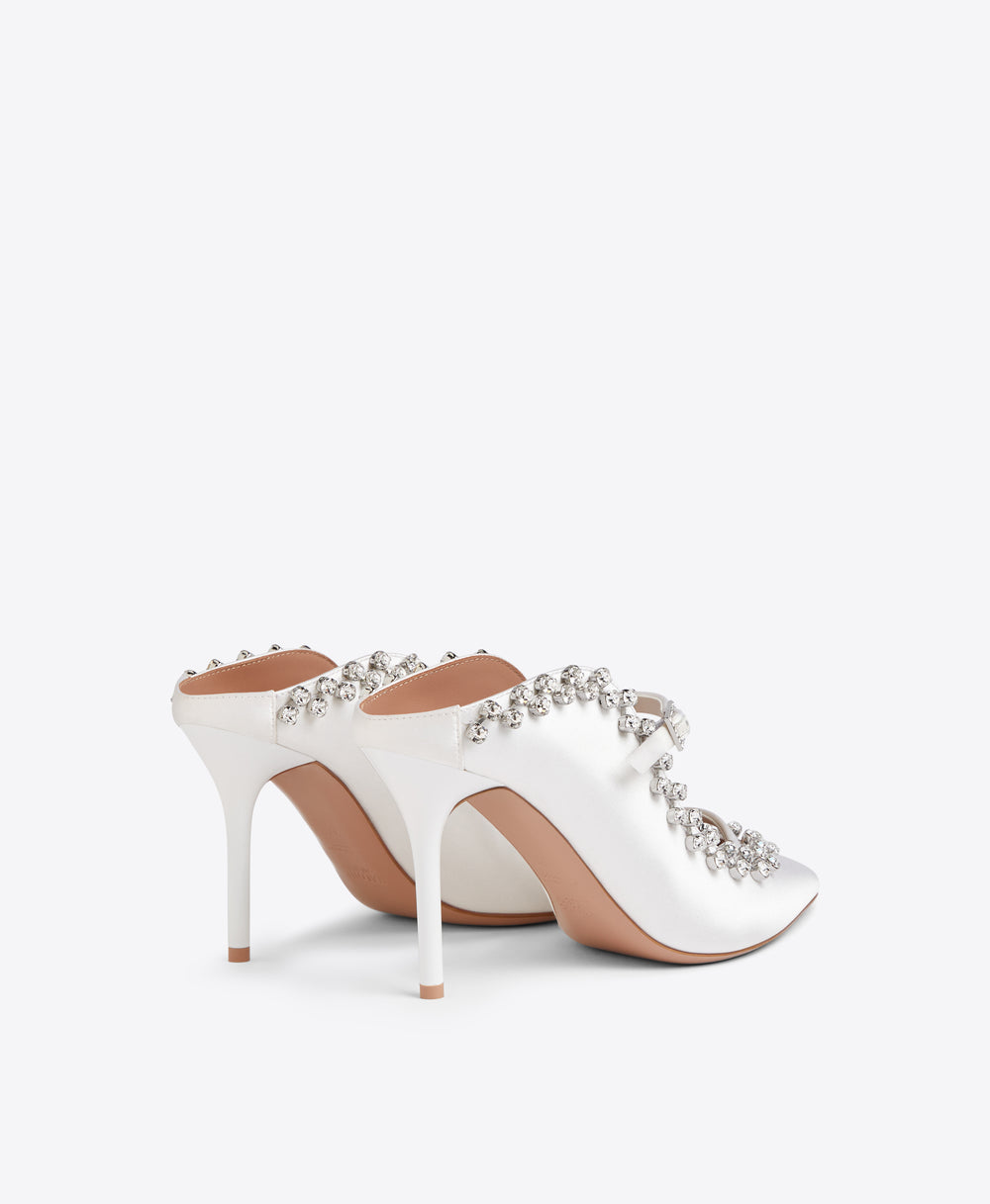 Malone Souliers Gala 85 White Satin Heeled Mules 