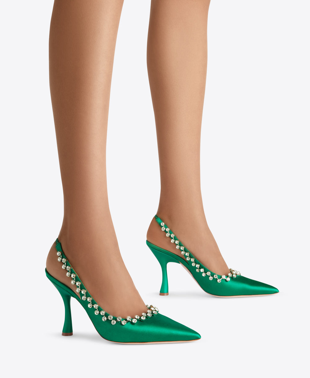 Giselle 90 Green Satin Slingback Heels| Malone Souliers