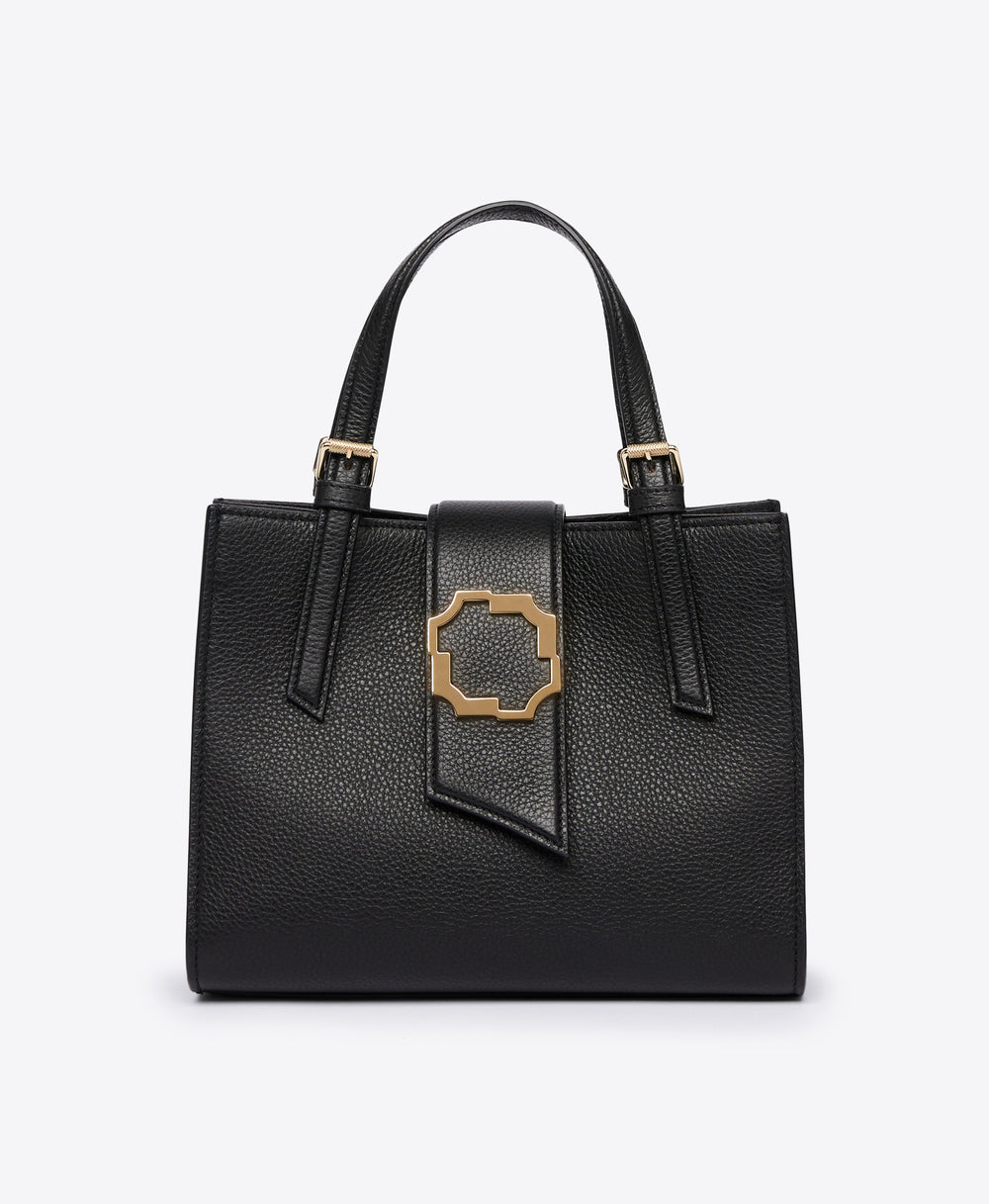 Women's Small Crest Buckle Tote in Black Grained Calf | Malone Souliers