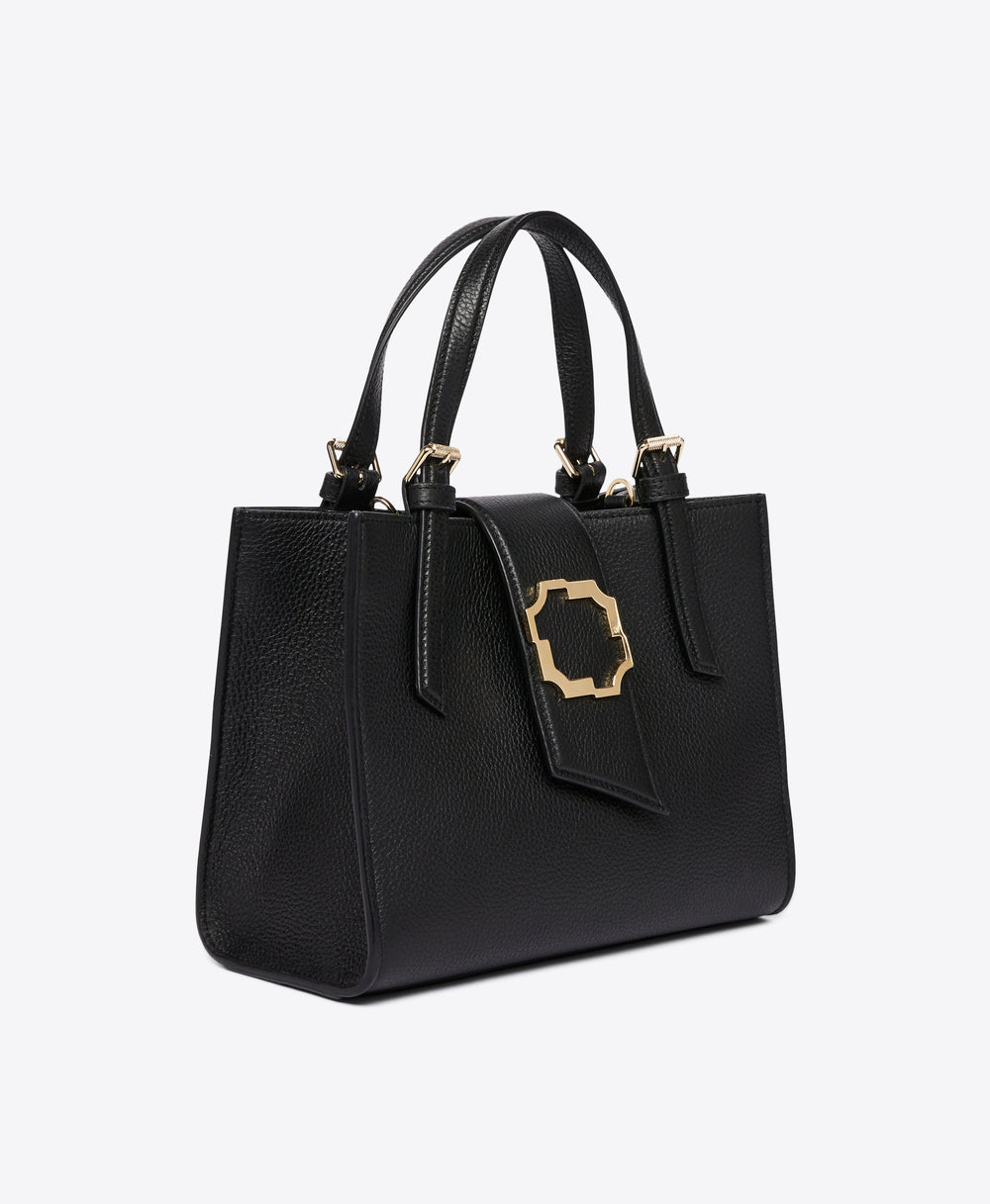 Women's Small Crest Buckle Tote in Black Grained Calf | Malone Souliers