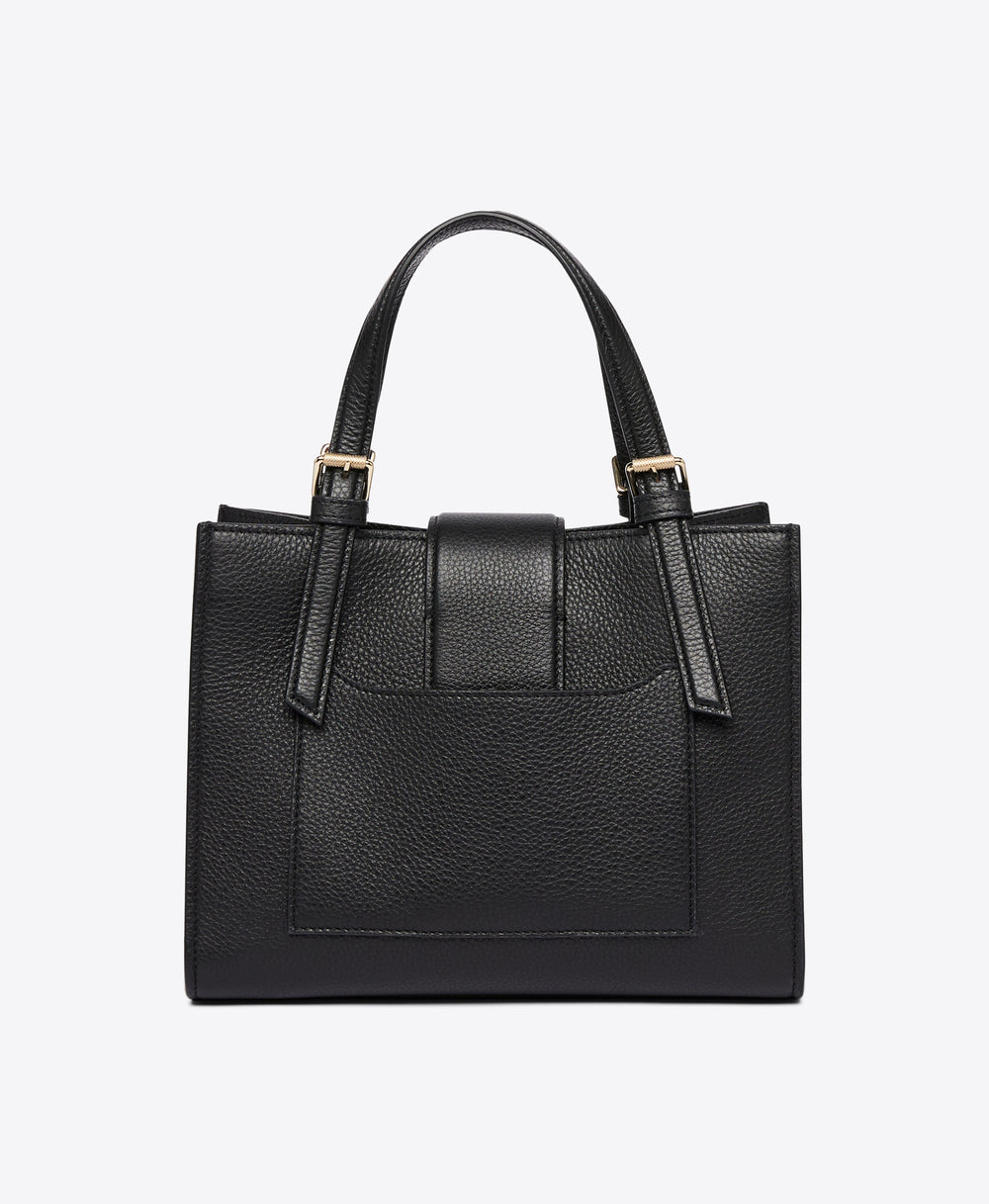 Women's Small Crest Buckle Tote in Black Grained Calf | Malone Souliers