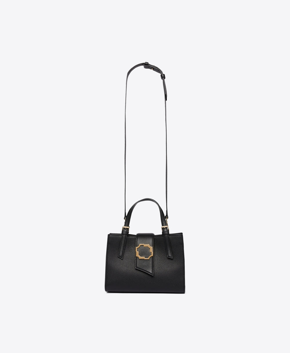 Women's Small Crest Buckle Tote in Black Grained Calf | Malone Souliers