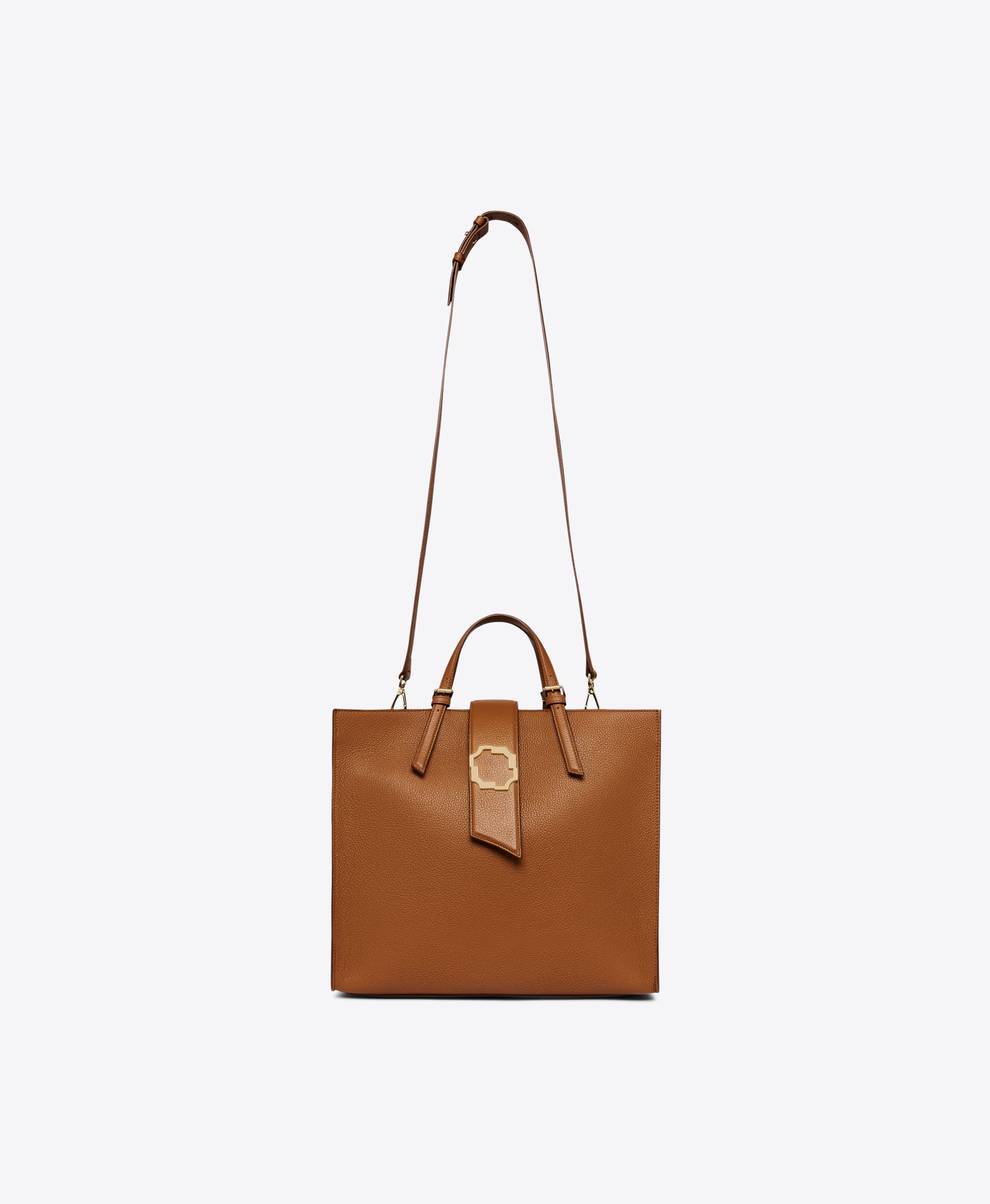 Women's Medium Crest Buckle Tote in Brown Grained Calf | Malone Souliers