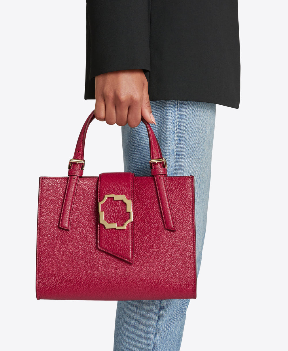 Women's Small Crest Buckle Tote in Red Grained Calf | Malone Souliers