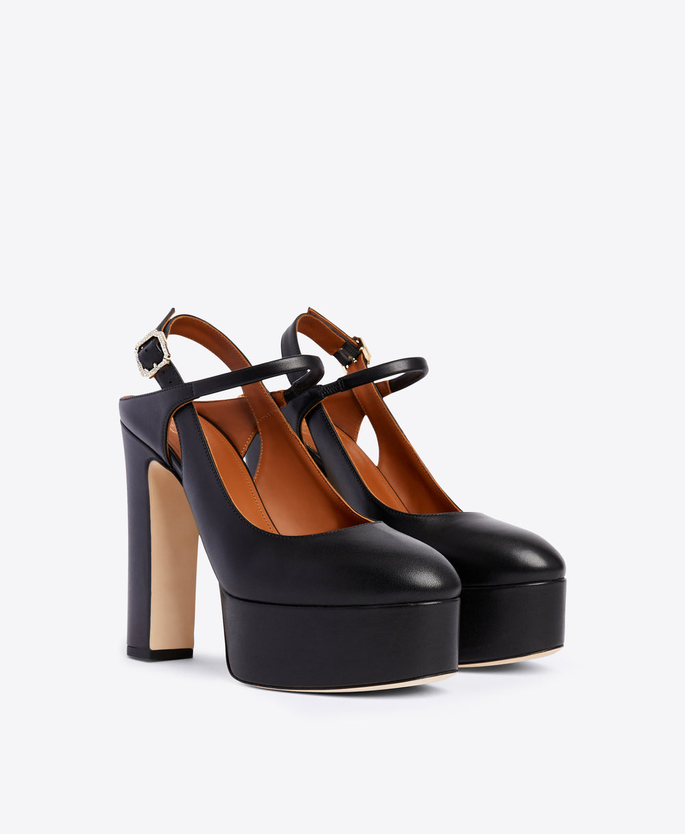 Closed Toe Platform Block Heel Slingbacks in Black Calf | Malone Souliers 