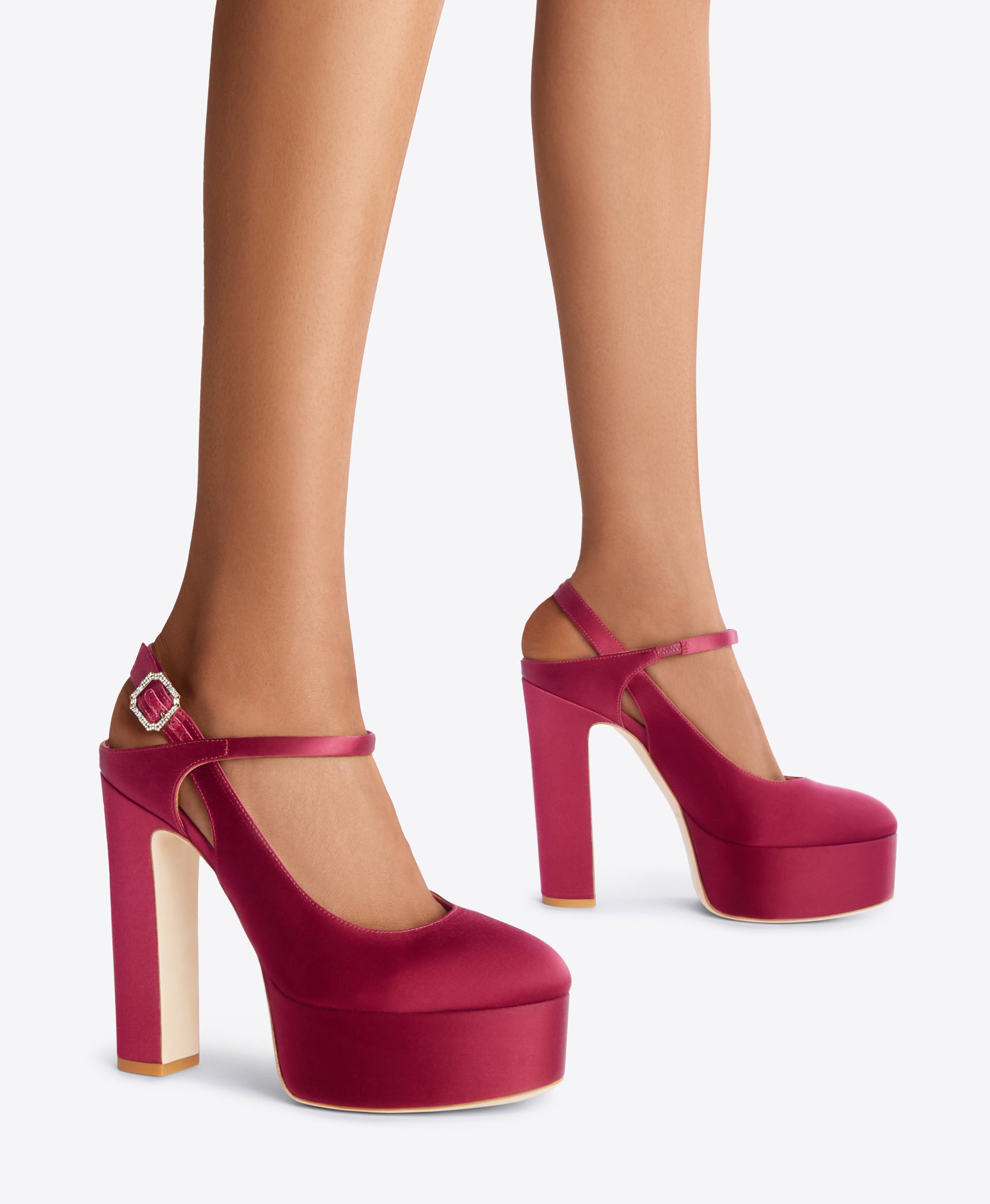 Burgundy Satin Closed Toe Slingbacks - Platform Heels with Ornamented Fastening | Malone Souliers