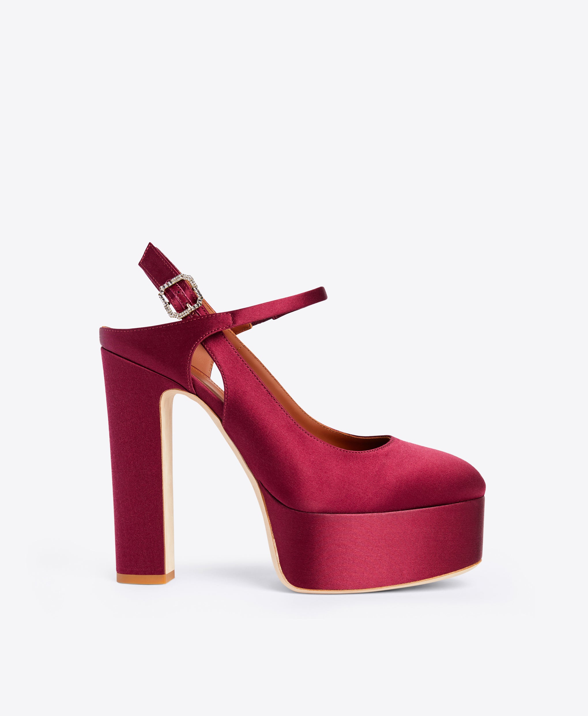 Burgundy Satin Closed Toe Slingbacks - Platform Heels with Ornamented Fastening | Malone Souliers