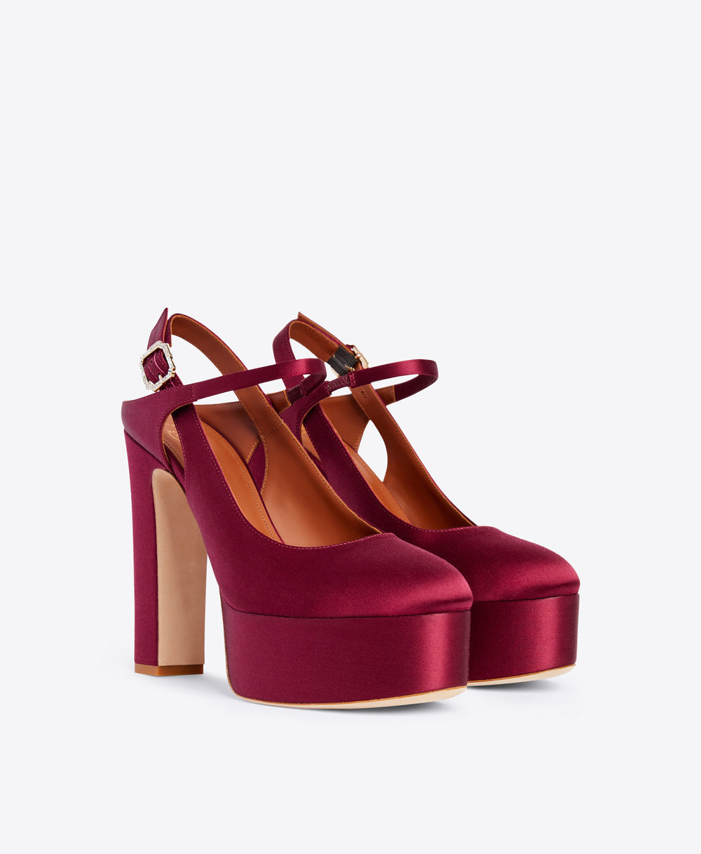 Burgundy Satin Closed Toe Slingbacks - Platform Heels with Ornamented Fastening | Malone Souliers