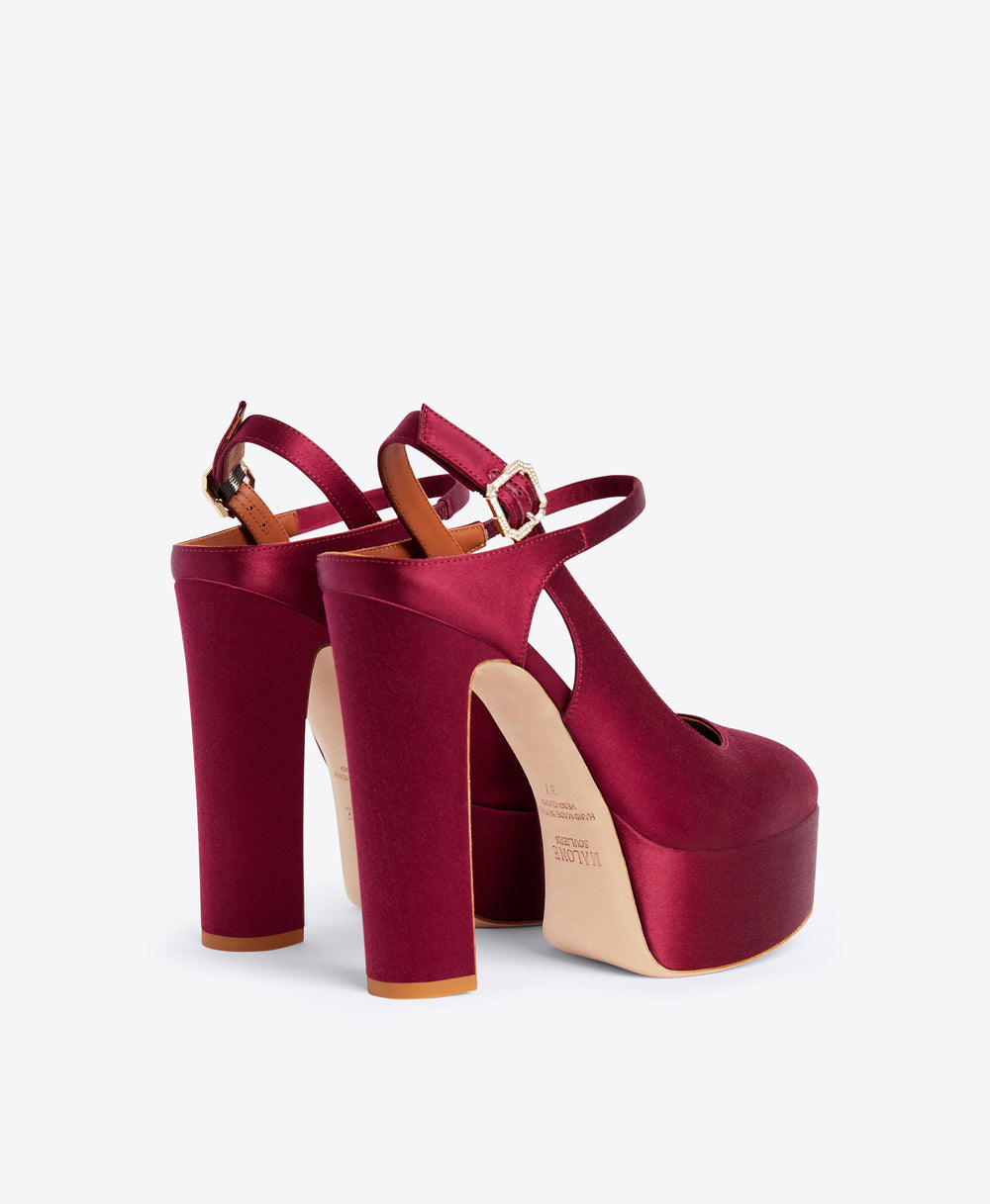 Burgundy Satin Closed Toe Slingbacks - Platform Heels with Ornamented Fastening | Malone Souliers