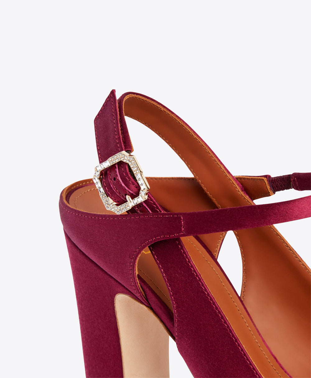 Burgundy Satin Closed Toe Slingbacks - Platform Heels with Ornamented Fastening | Malone Souliers