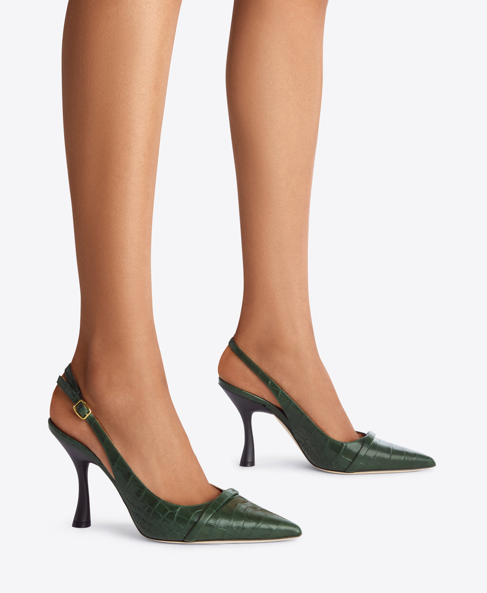 Pine Green Embossed Leather Slingbacks - Pointed Toe with Strap | Malone Souliers