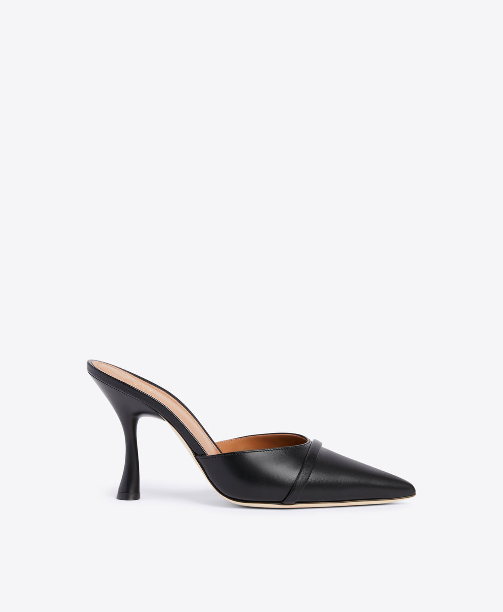 Black Leather Pointed Toe Mules with Single Strap | Malone Souliers