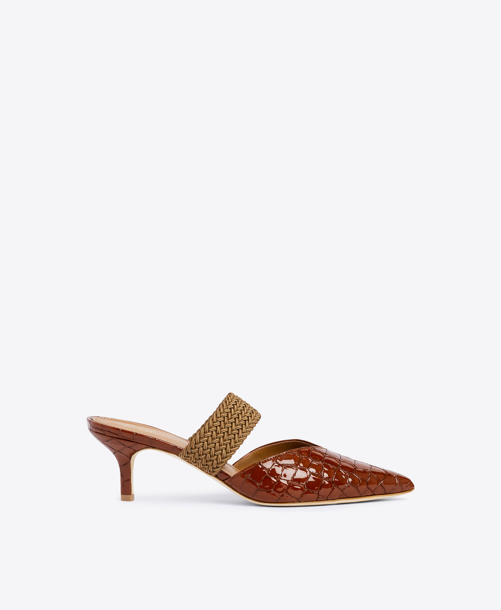 Brown Embossed Patent Stiletto Mules - Pointed Toe with Elastic Strap | Malone Souliers 