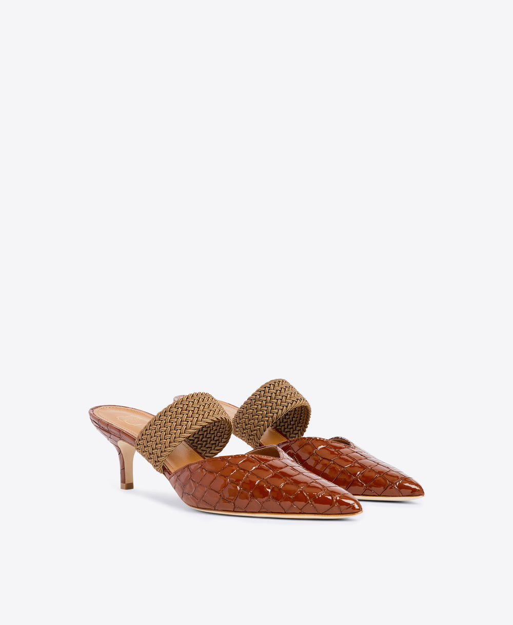 Brown Embossed Patent Stiletto Mules - Pointed Toe with Elastic Strap | Malone Souliers 