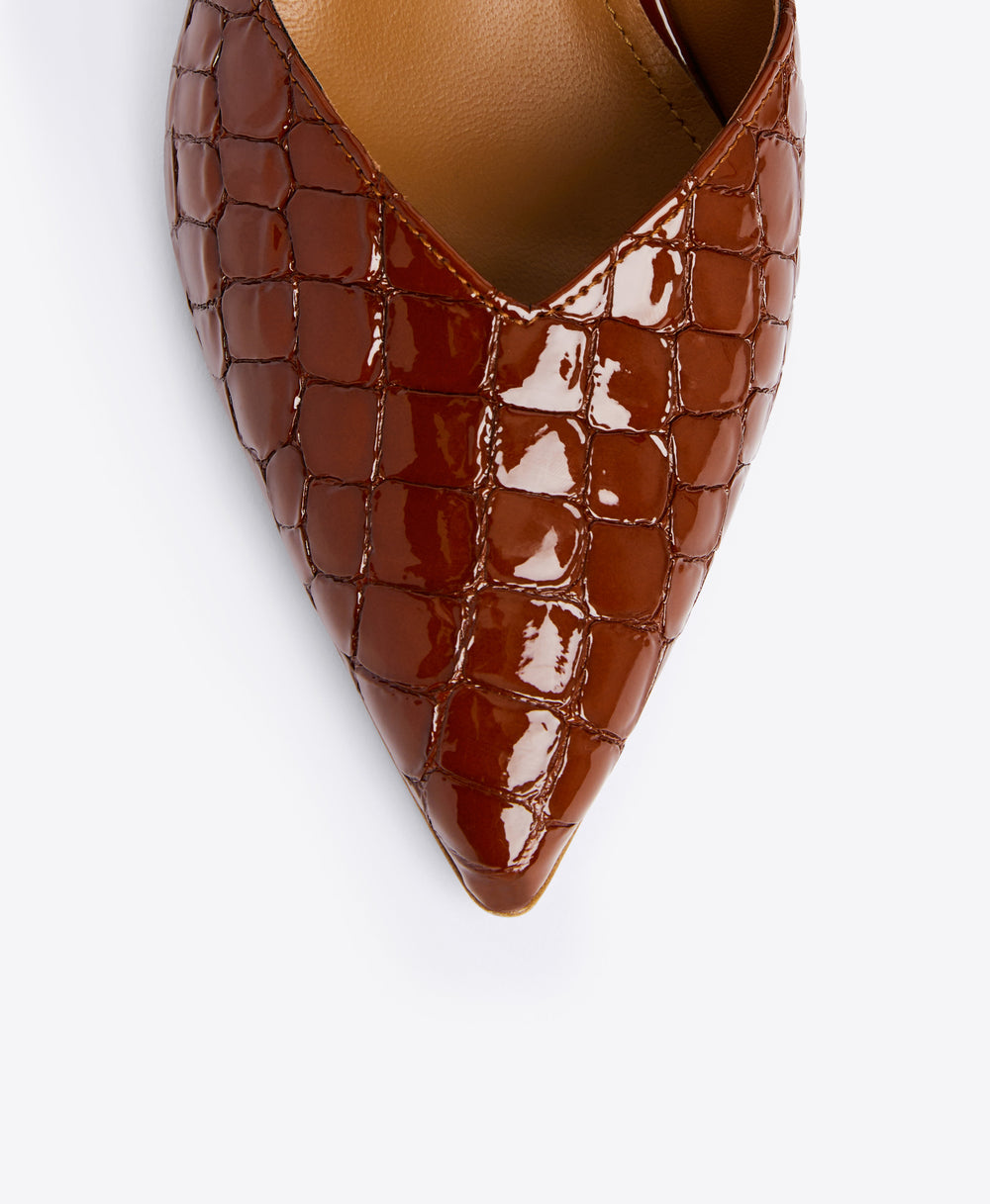 Brown Embossed Patent Stiletto Mules - Pointed Toe with Elastic Strap | Malone Souliers 