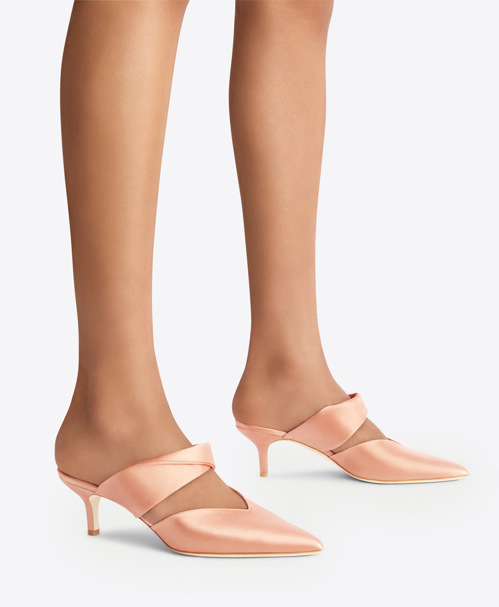 Malone Souliers Maisie 45mm Blush Satin Kitten Heel Mules