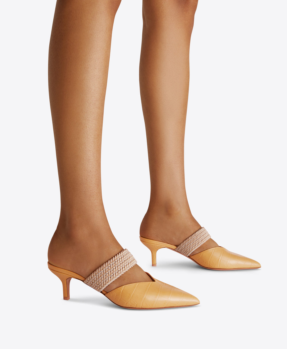 Beige Embossed Leather Stiletto Mules - Pointed Toe with Elastic Strap | Malone Souliers 