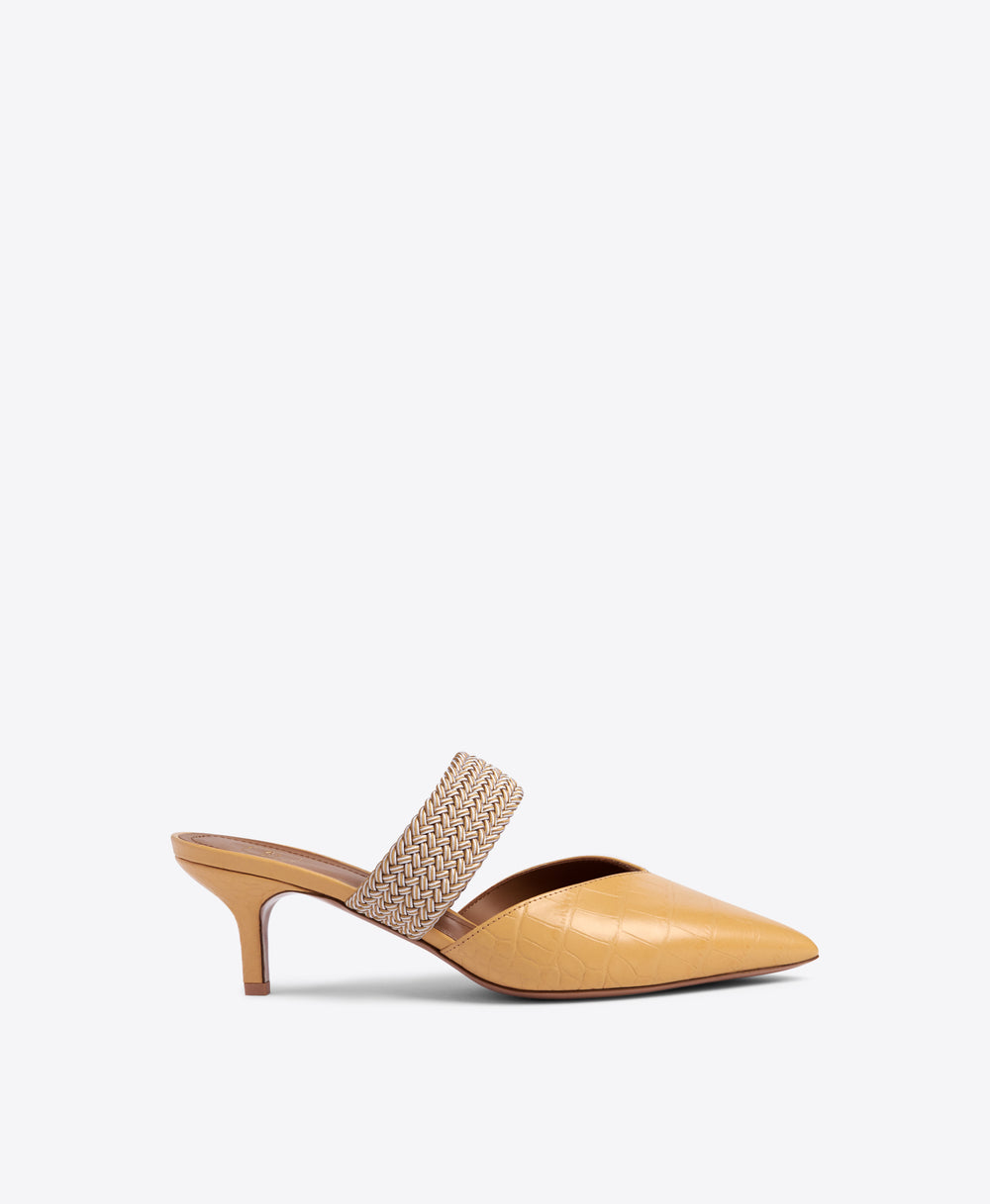 Beige Embossed Leather Stiletto Mules - Pointed Toe with Elastic Strap | Malone Souliers 