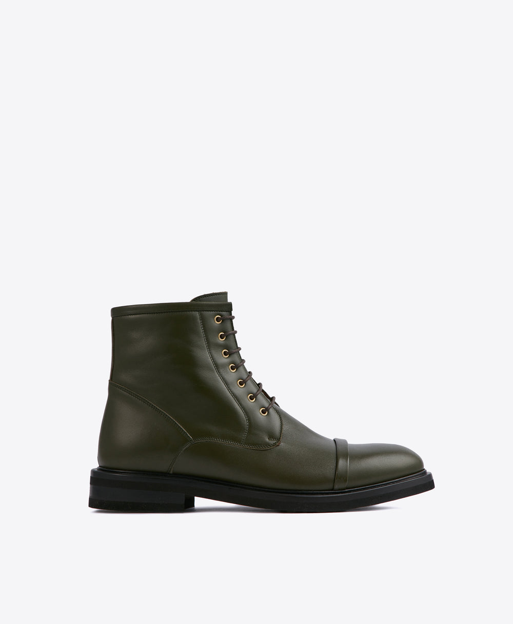 Men's Green Leather Combat Boots With Laces Malone Souliers