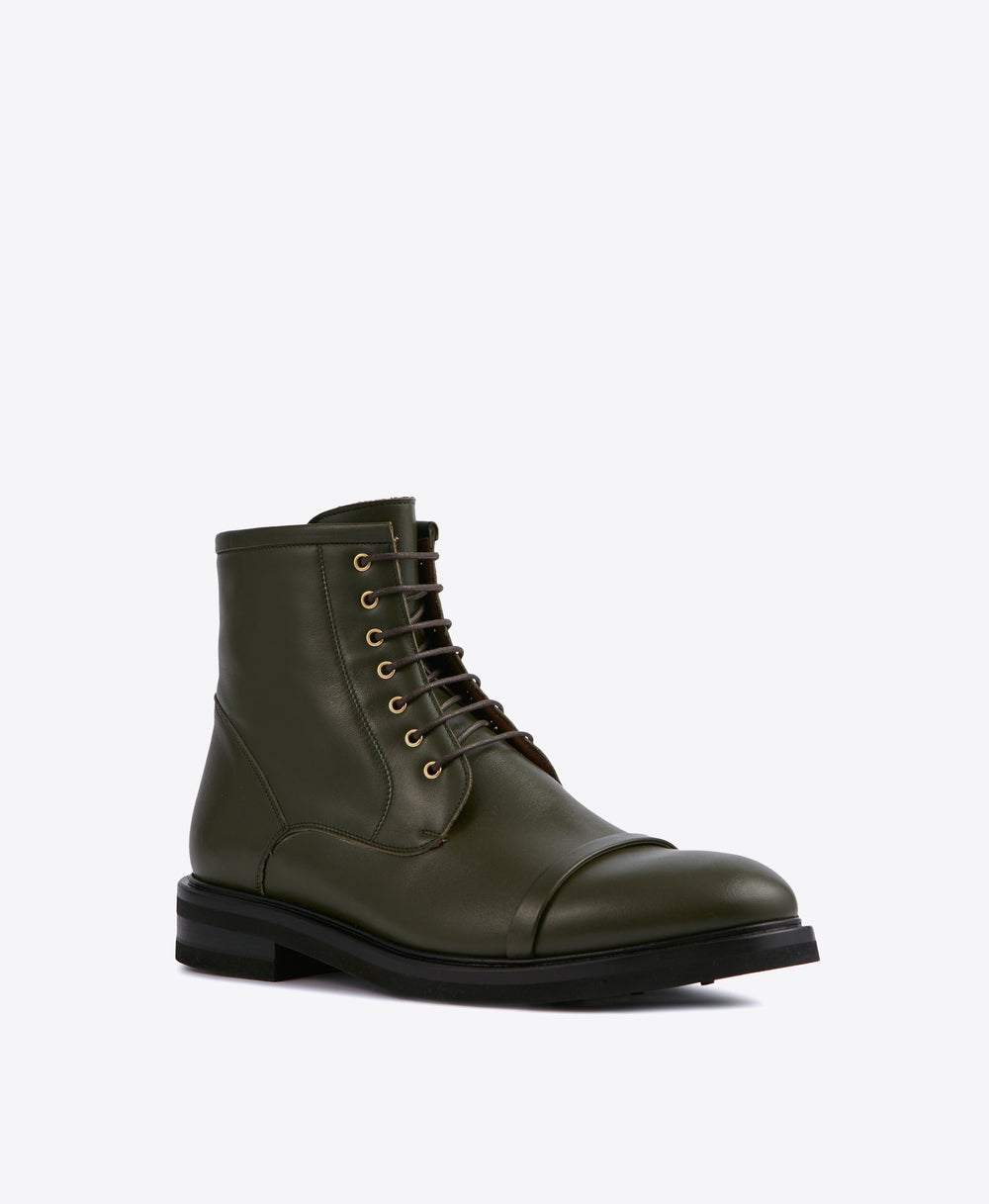 Men's Green Leather Combat Boots With Laces Malone Souliers