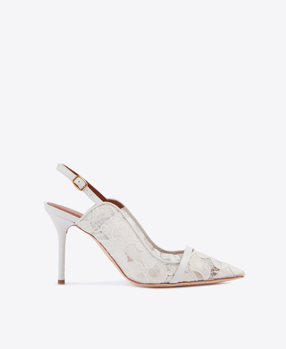 Malone Souliers White Lace and Leather Marion Slingback Pumps with Pointed Toe