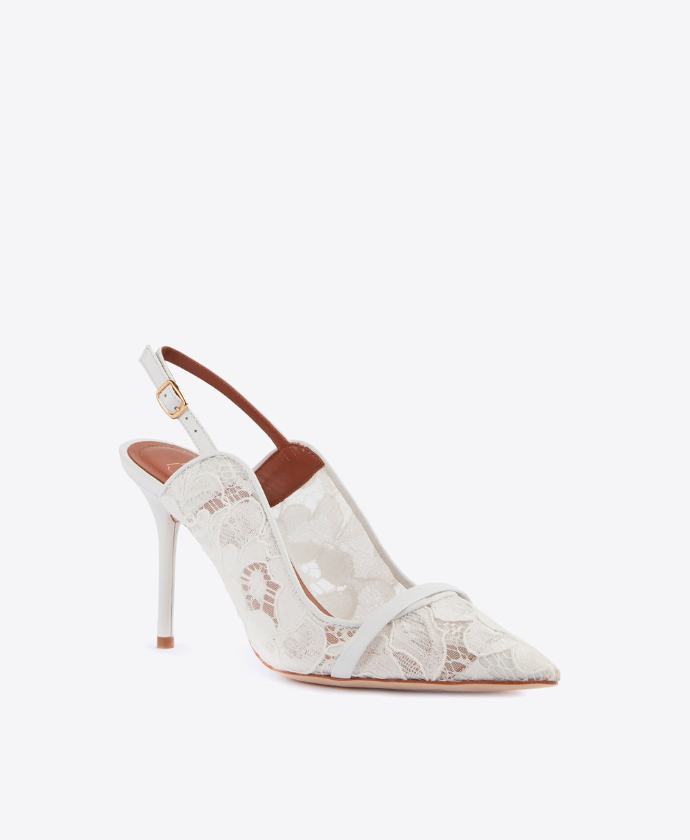 Malone Souliers White Lace and Leather Marion Slingback Pumps with Pointed Toe